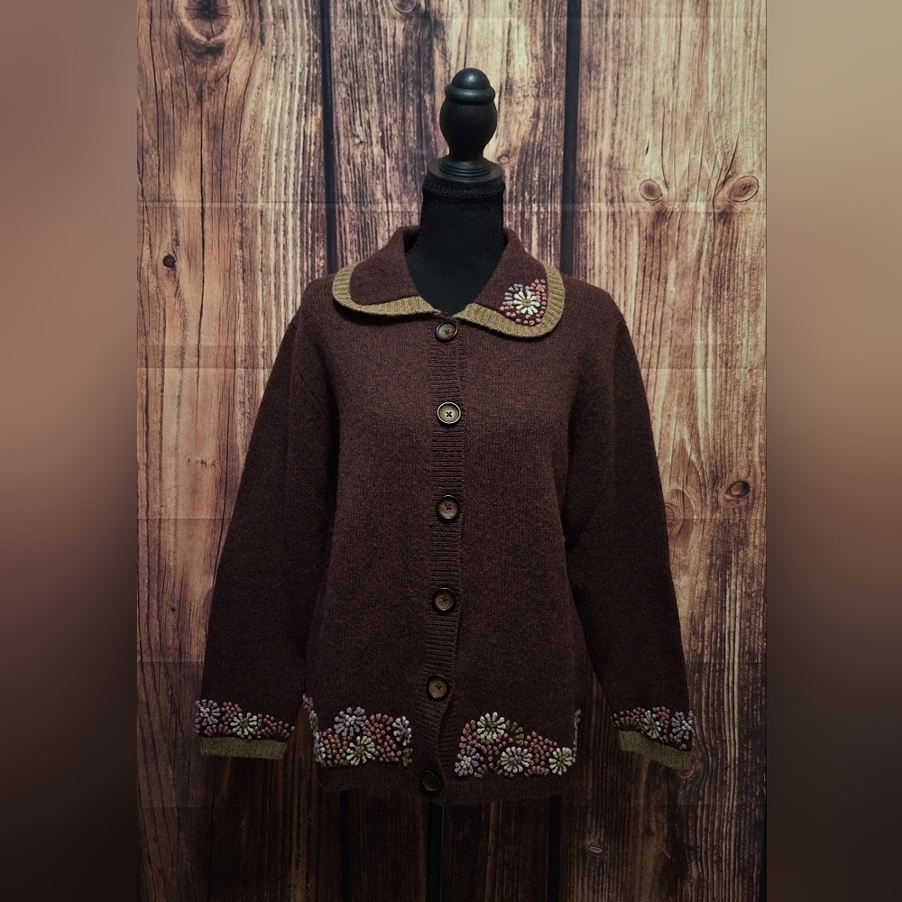 Woolrich Cabernet 100% Wool Chunky Sweater Floral Embelished Womens LP